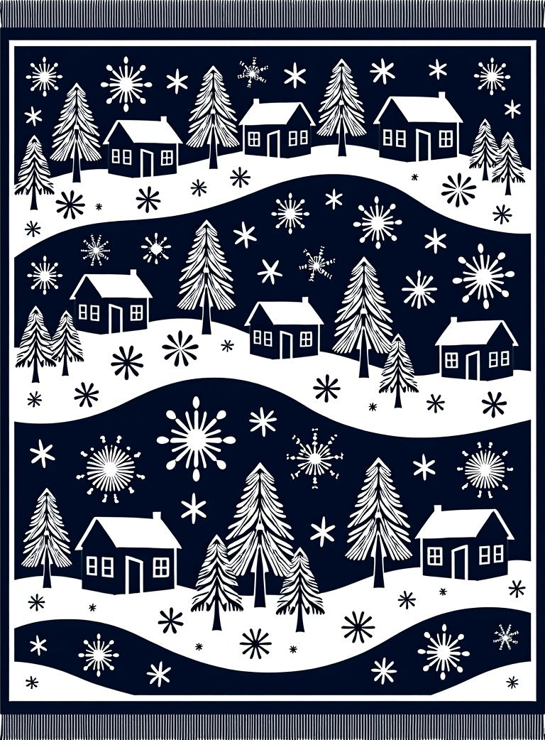 Navy White Snowy Village Forest Rug