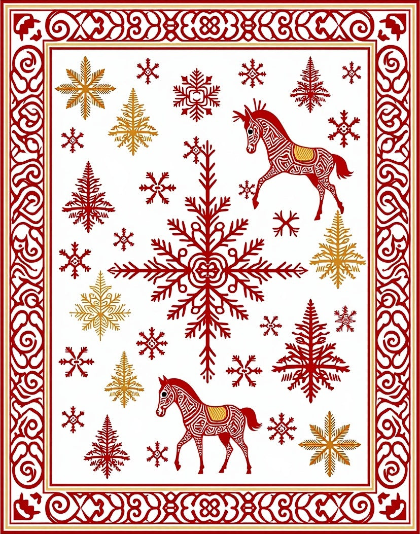 Red Horses Snowflakes Gold Pine Trees Rug