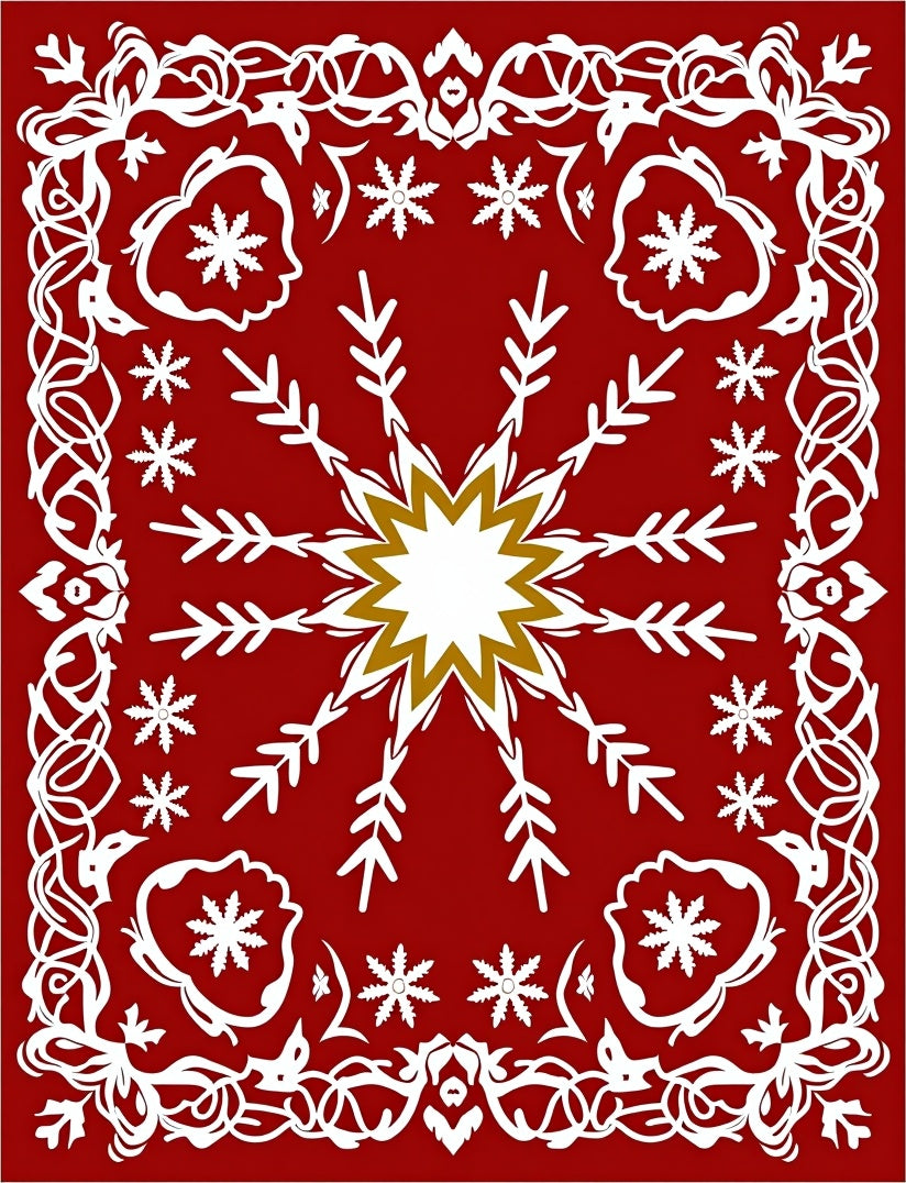 Crimson White Snowflakes Floral Frame Rug