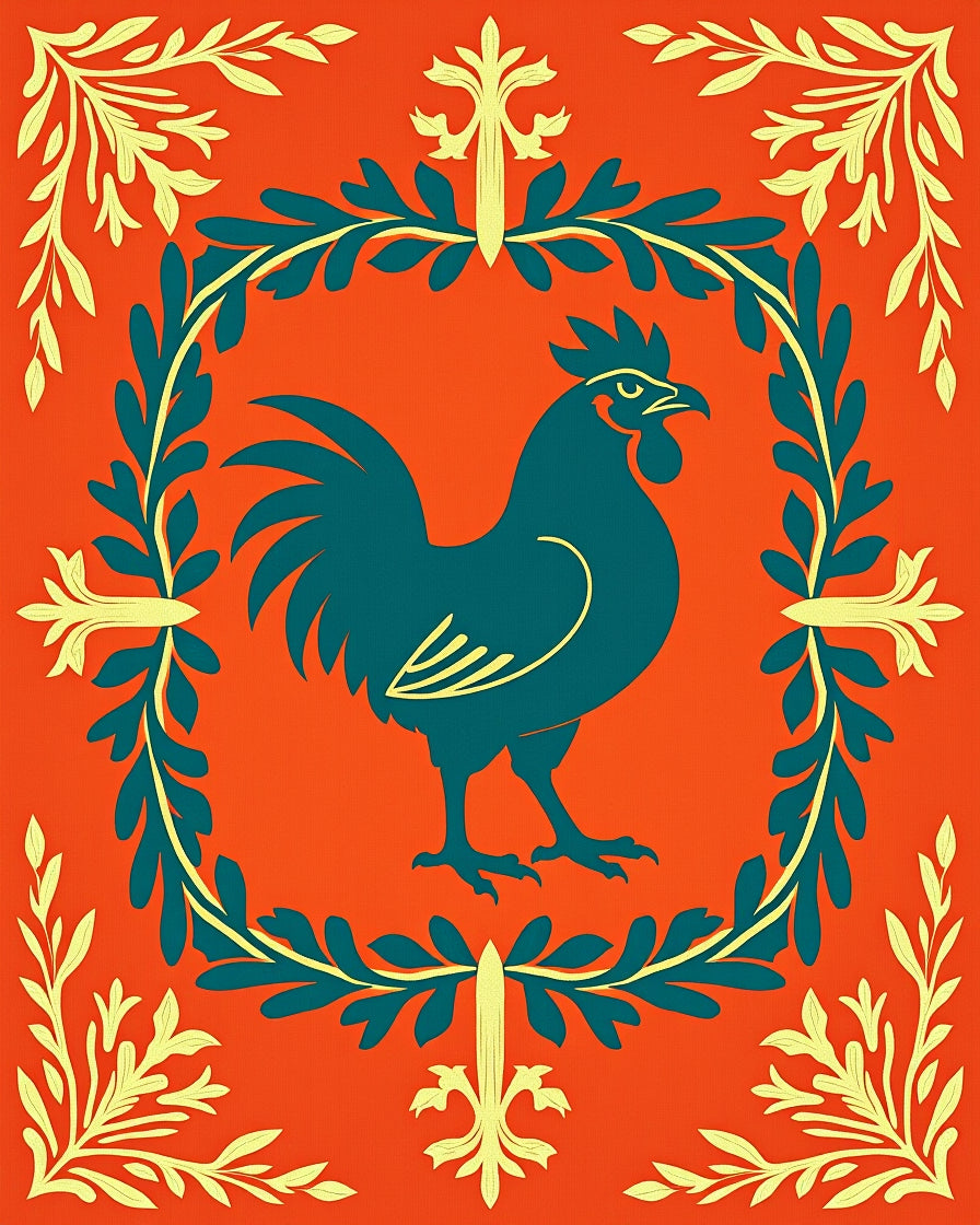 Vibrant Rooster Floral Border Rug