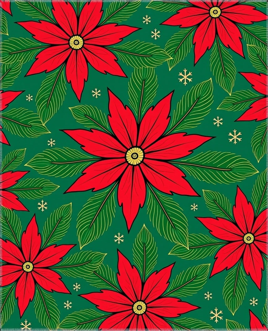 Bold Red Poinsettia Green Snowflakes Rug