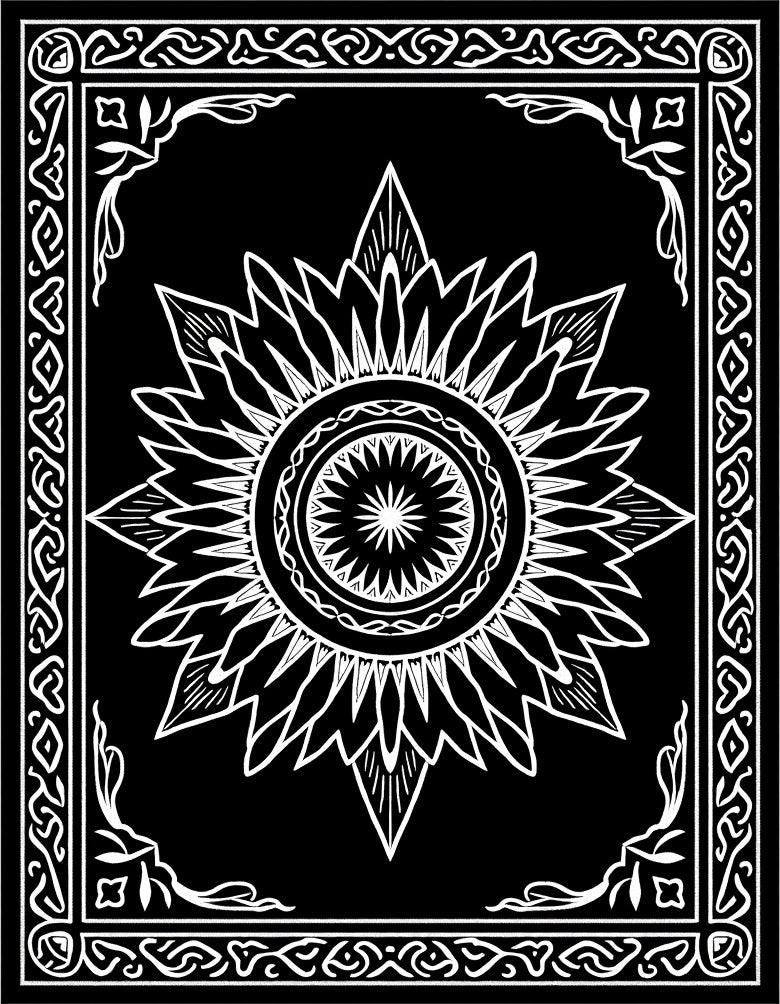 Black White Sunburst Mandala Border Rug