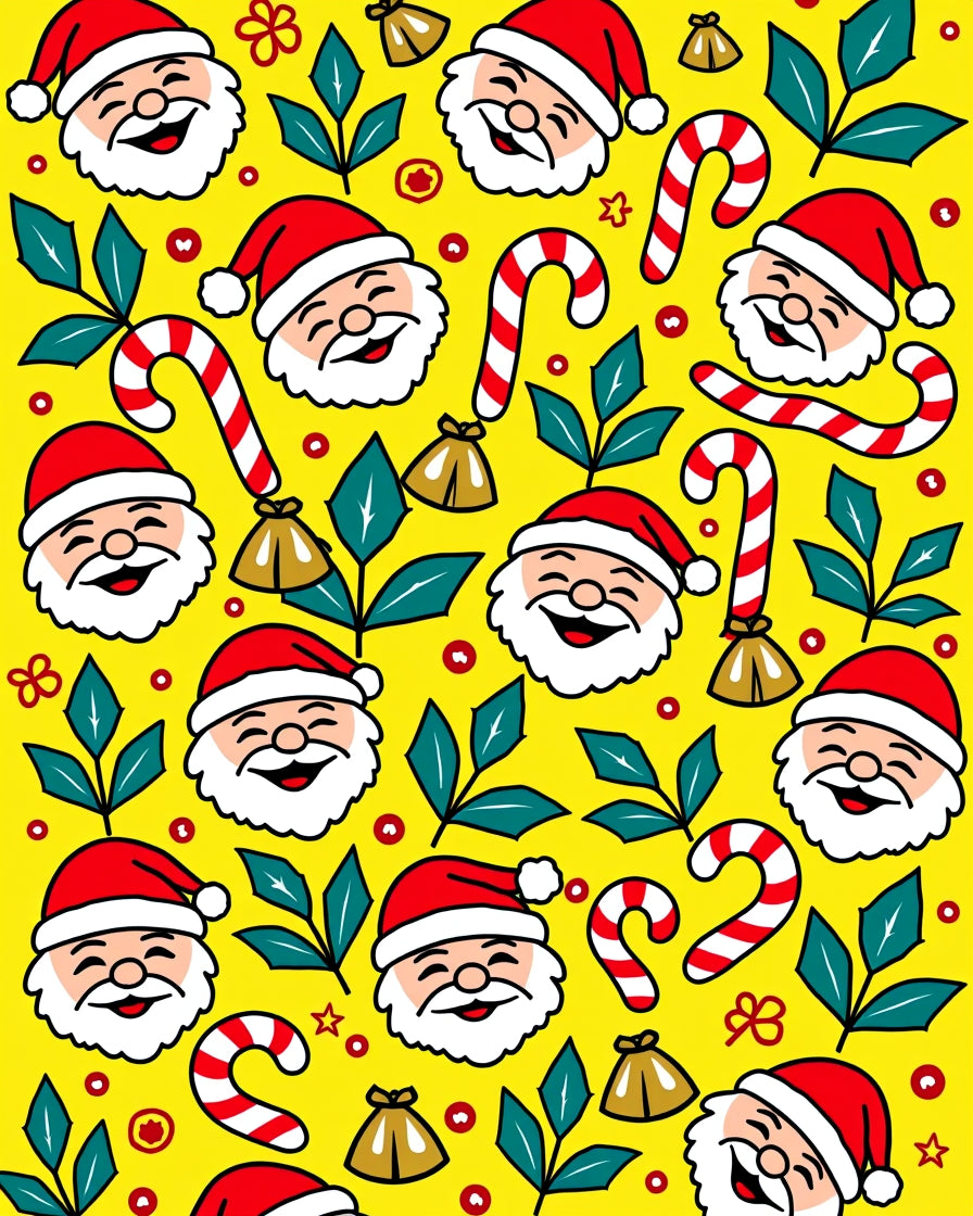 Whimsical Yellow Santa Candy Cane Christmas Rug
