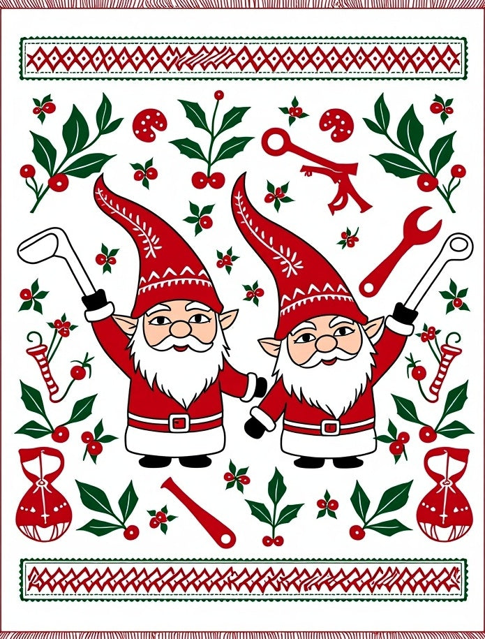 Christmas Gnomes Holly Wrench Border Rug