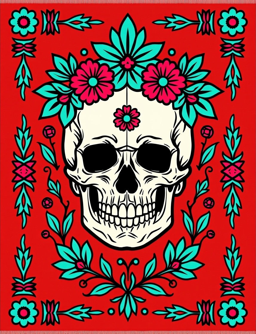 Fiery Red Floral Skull Garland Rug