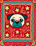 Whimsical Pug Gold Stars Red Border Rug