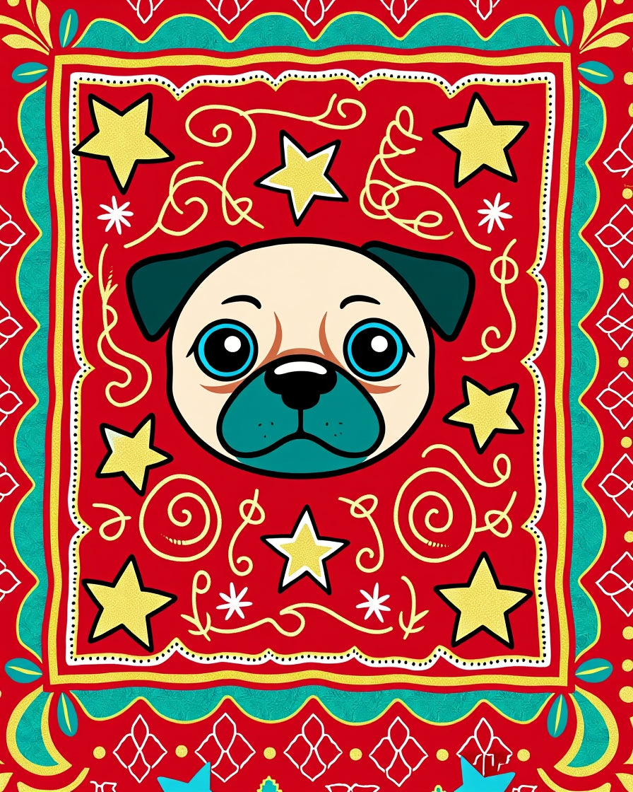 Whimsical Pug Gold Stars Red Border Rug