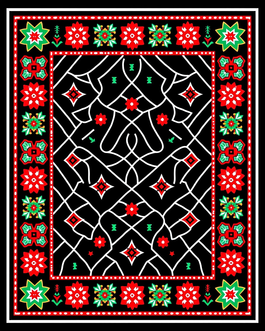 Bold Red Floral Geometric Border Rug
