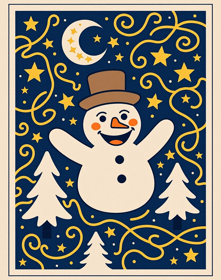 Winter Snowman Moon Stars Trees Swirls Rug