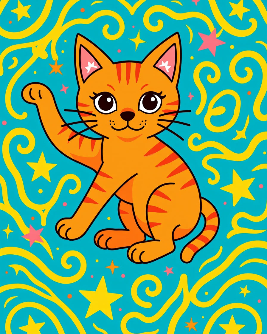 Playful Orange Cat Starry Swirl Rug