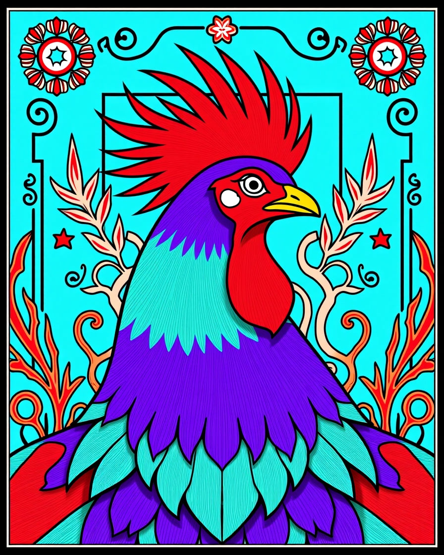 Vibrant Rooster Aquamarine Floral Border Rug