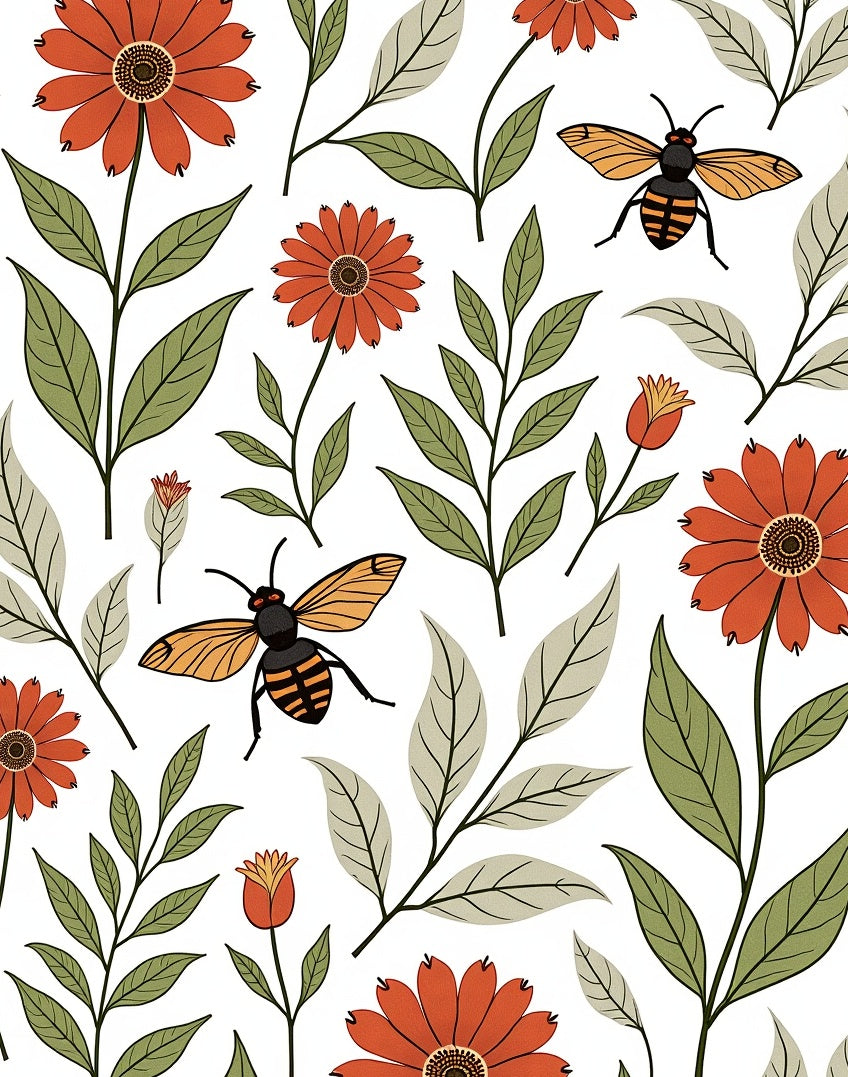 Earthy Orange Floral Bee Botanical Rug