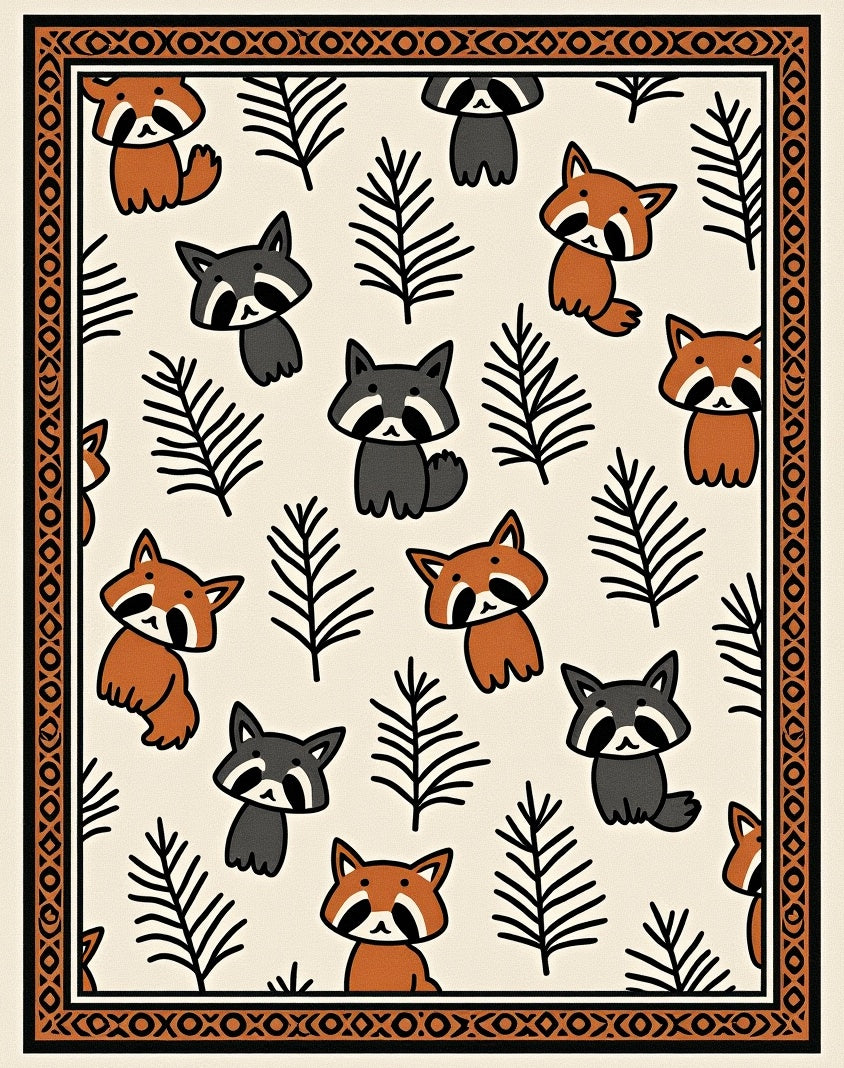 Cute Raccoon and Pine Branch Repeat Rug