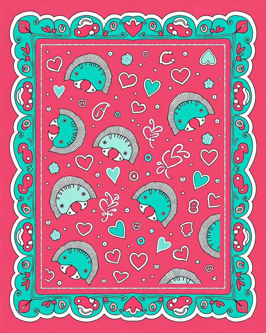 Whimsical Teal Hearts Quirky Creatures Rug