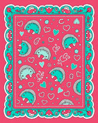 Whimsical Teal Hearts Quirky Creatures Rug
