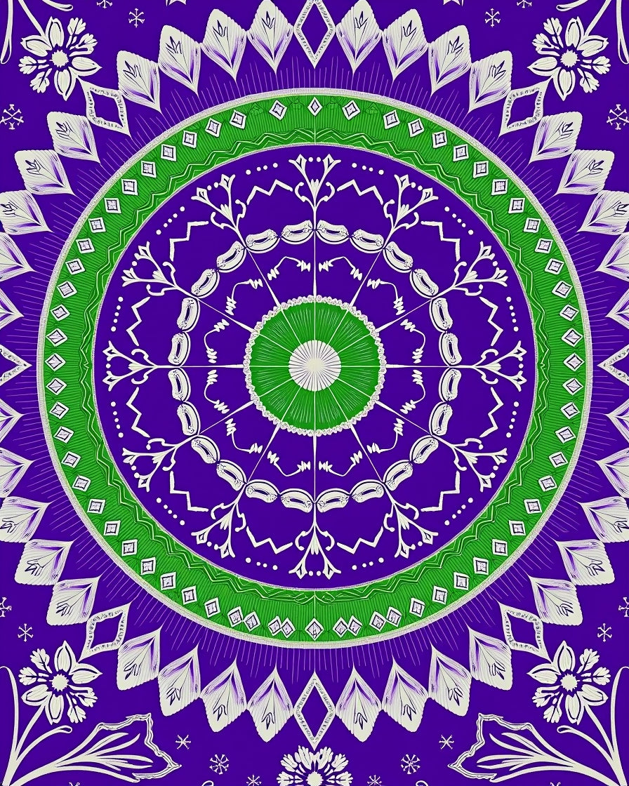 White Floral Mandala On Purple And Green Rug