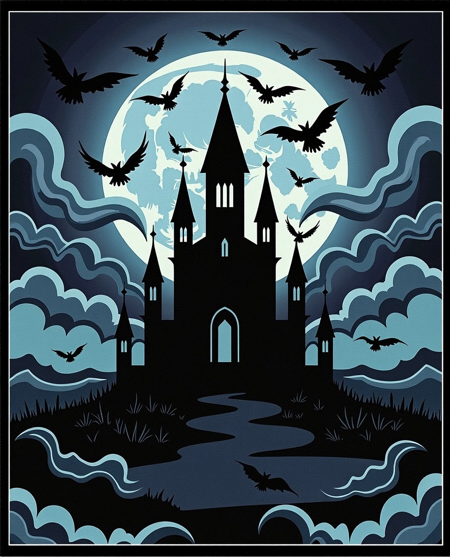 Spooky Blue Moon Bats Castle Landscape Rug