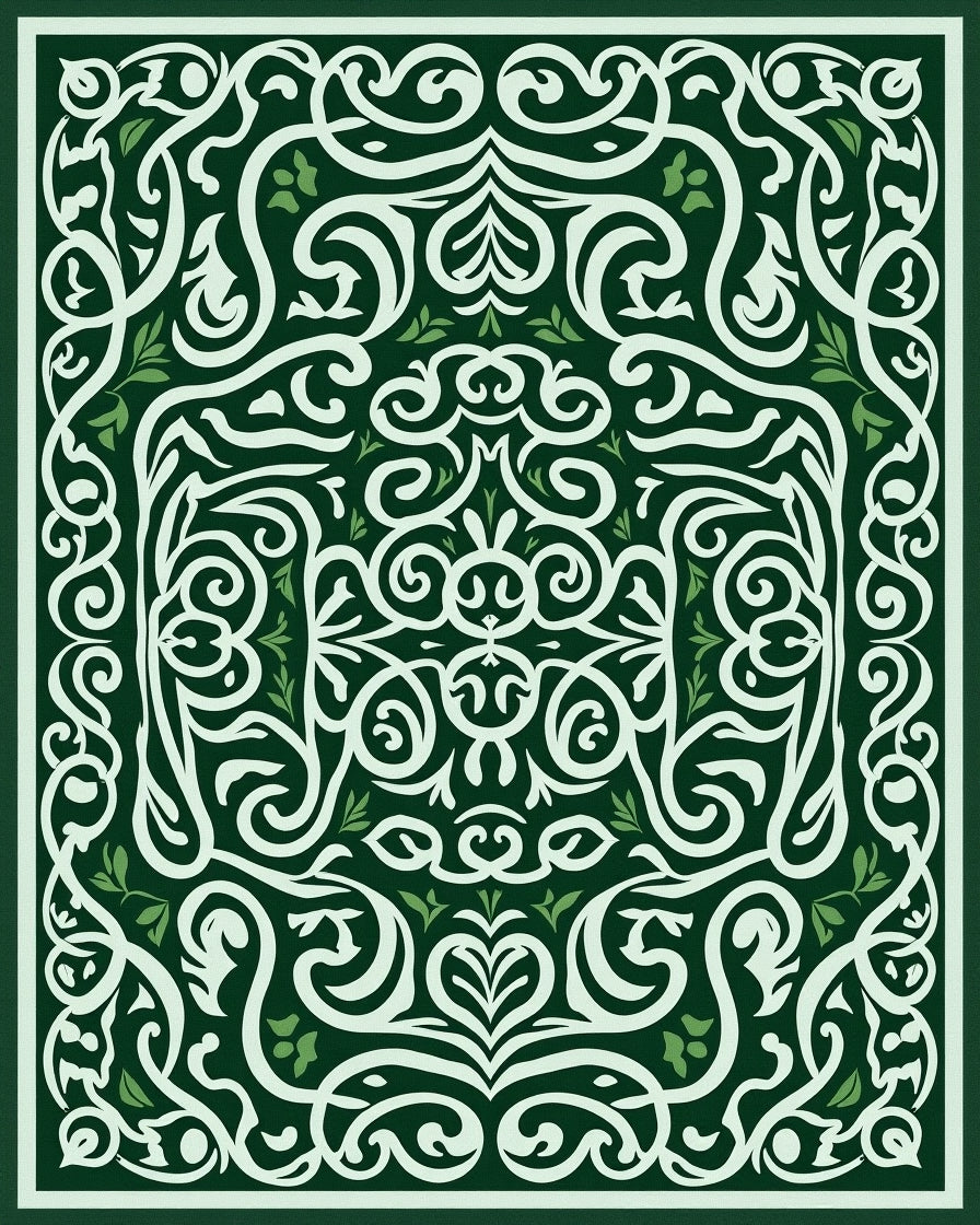 Elegant Emerald Ivory Scrollwork Fern Rug