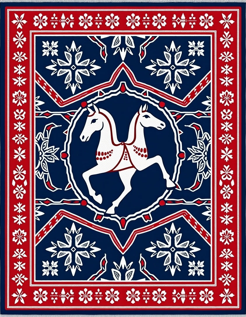Jumping White Horses on Navy Mandala Rug