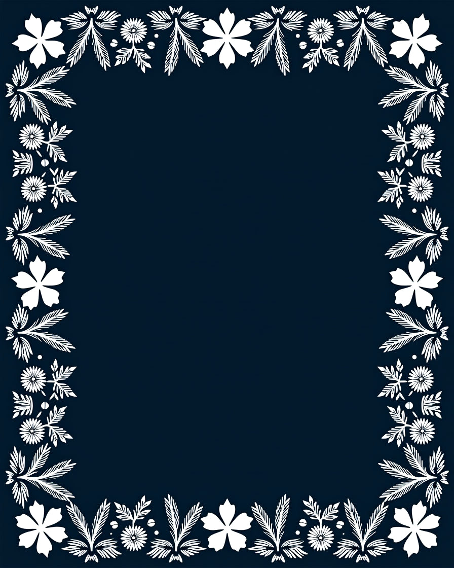 White Floral Leaf Border on Navy Rug