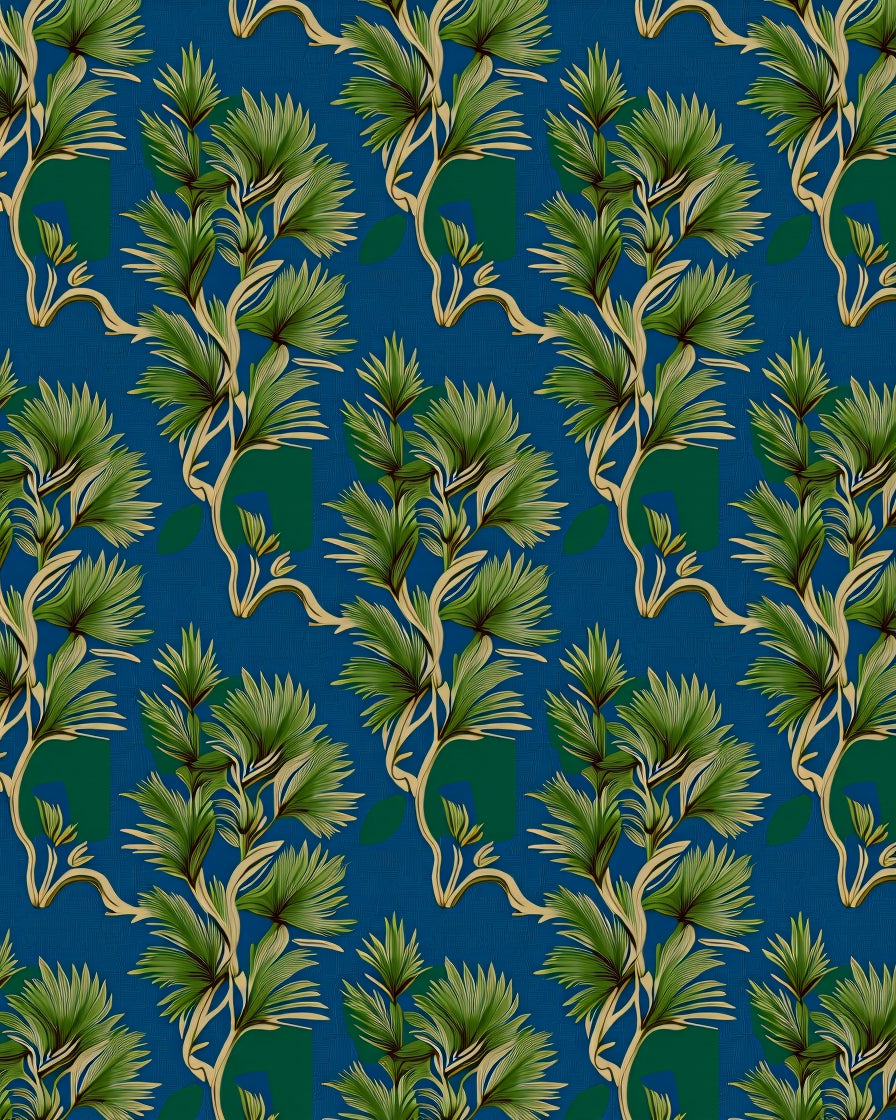 Verdant Tropical Palm Fronds On Blue Rug