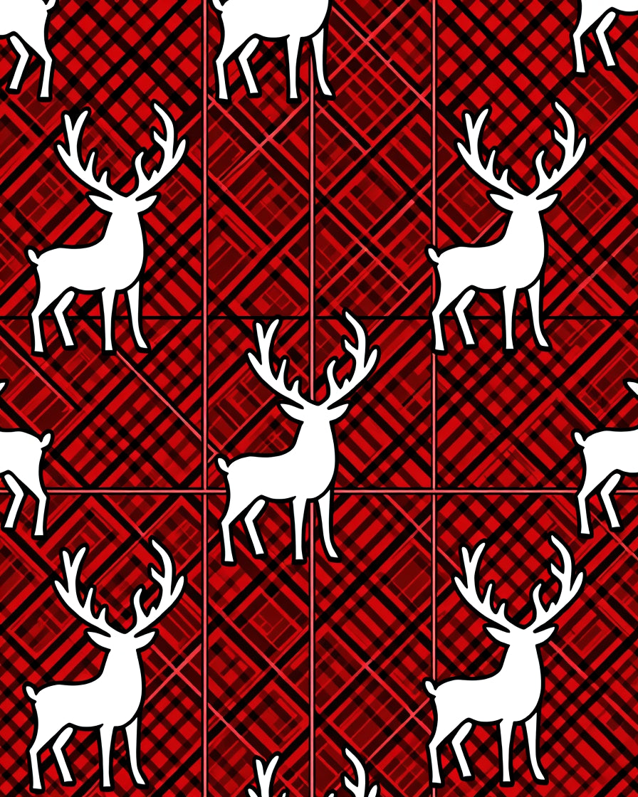 Red Plaid White Deer Silhouette Rug