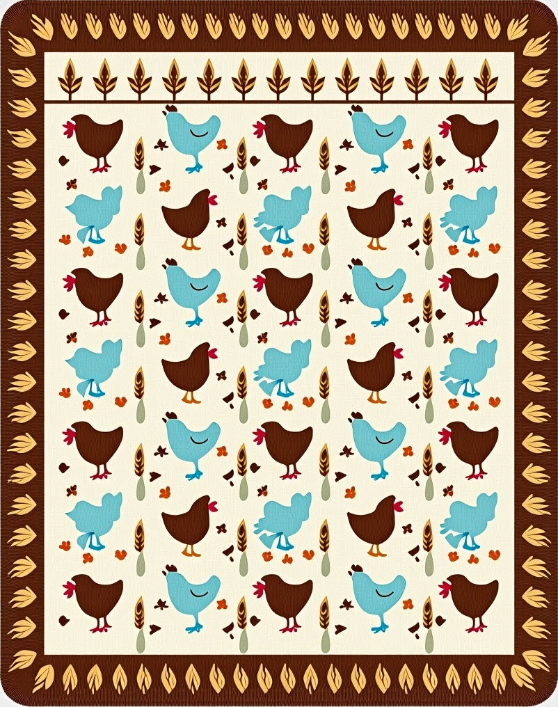 Brown Blue Chicken Folk Art Rug