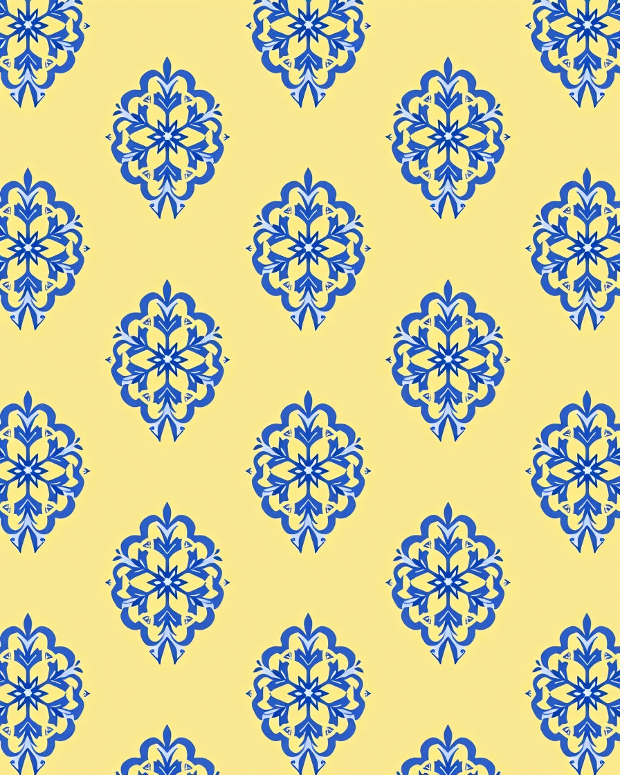 Royal Blue Floral Medallions on Yellow Field Rug