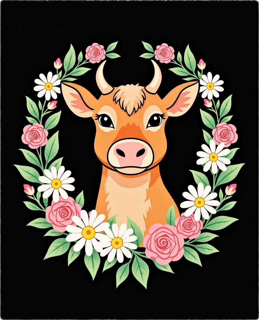 Cute Orange Cow Floral Wreath Rug