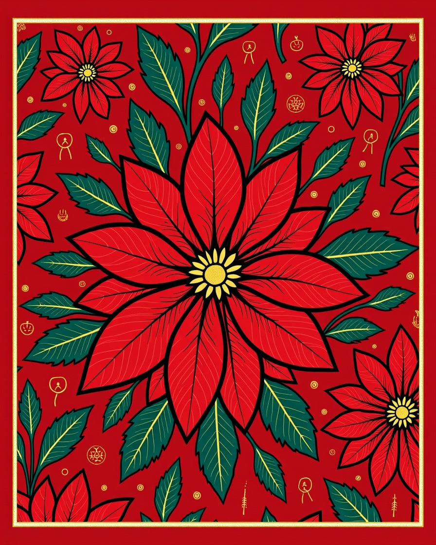 Crimson Red Poinsettia Leafy Bloom Rug