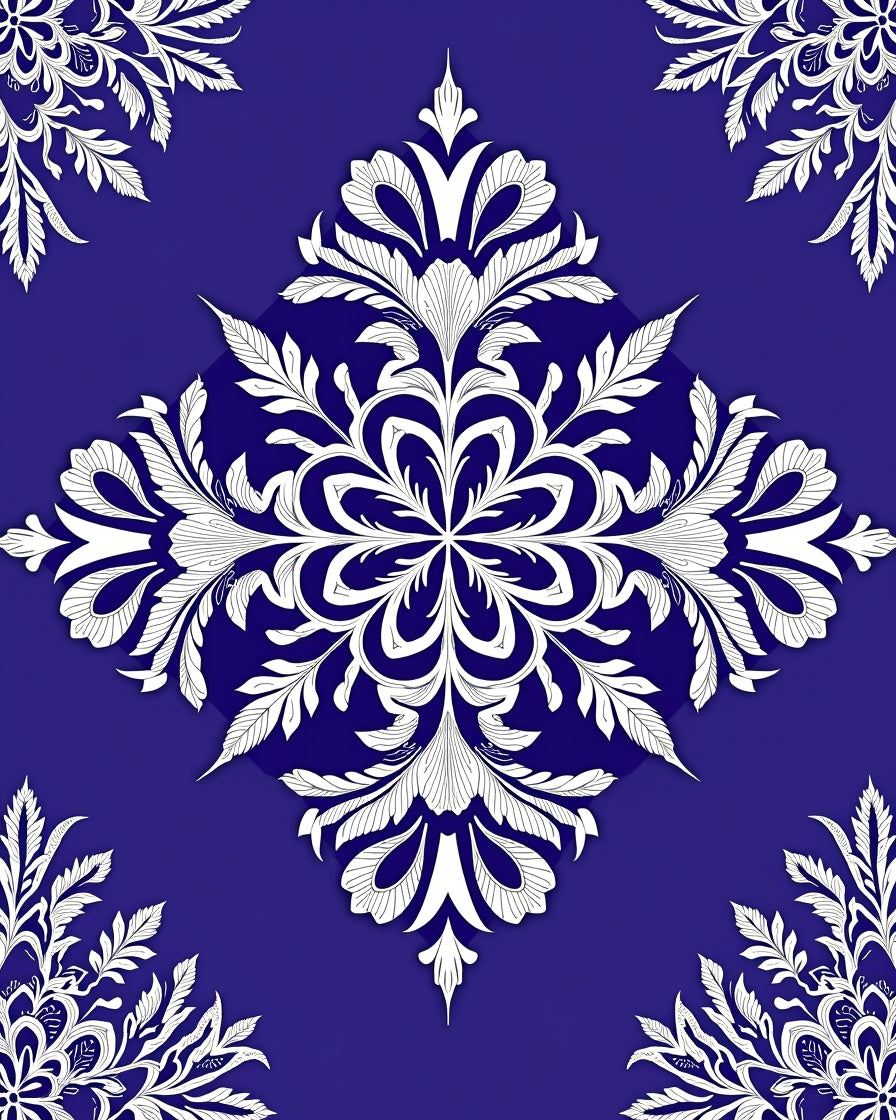 Deep Blue White Floral Medallion Rug