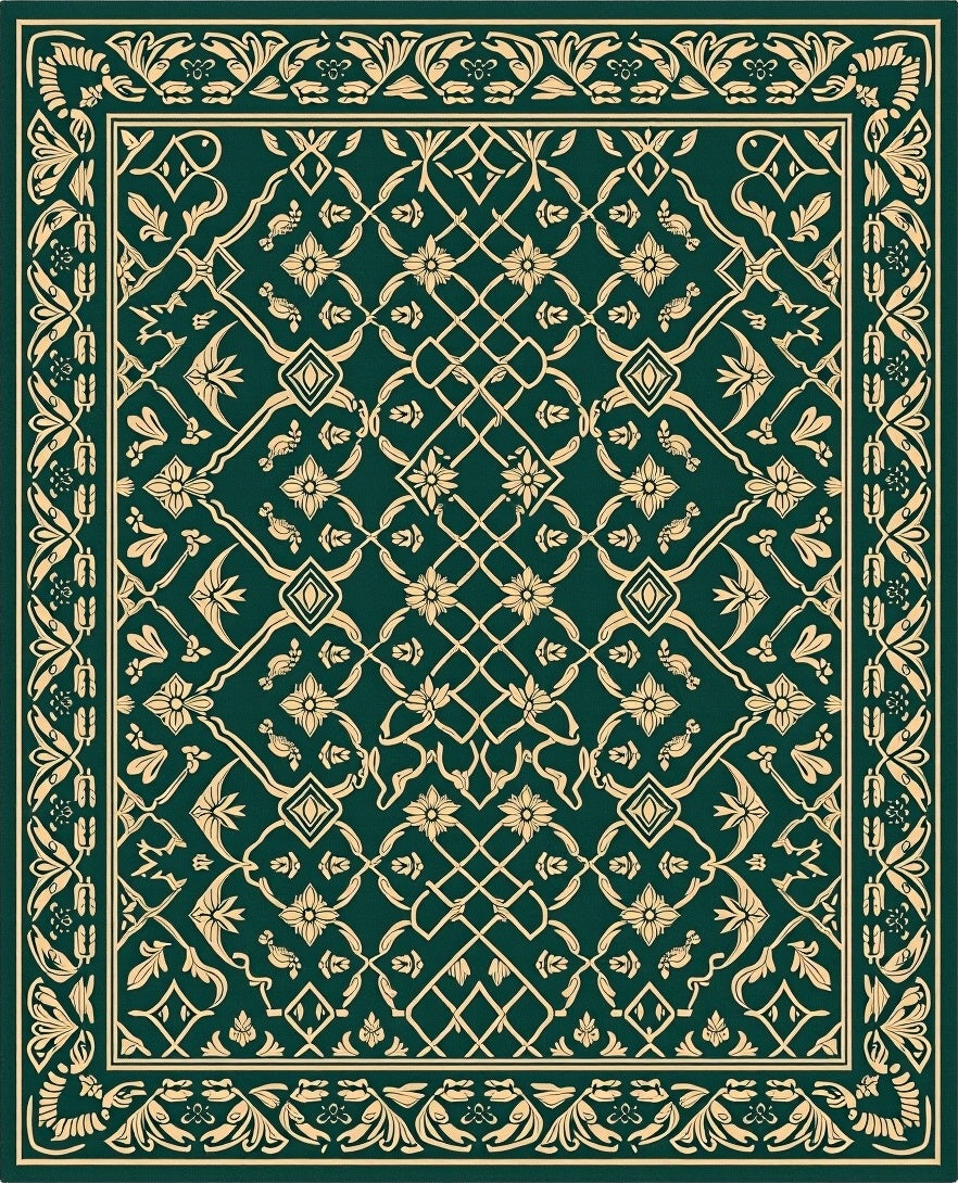 Forest Green Cream Floral Lattice Rug