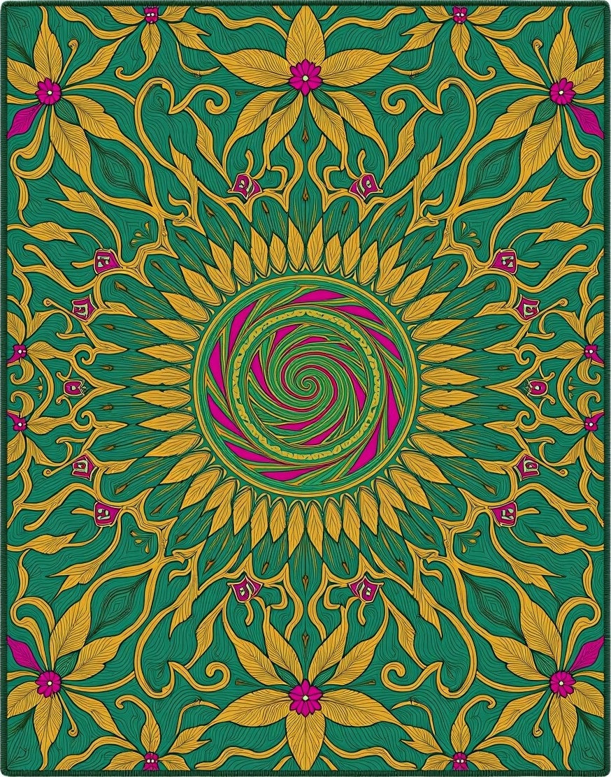 Emerald Gold Floral Swirl Mandala Rug