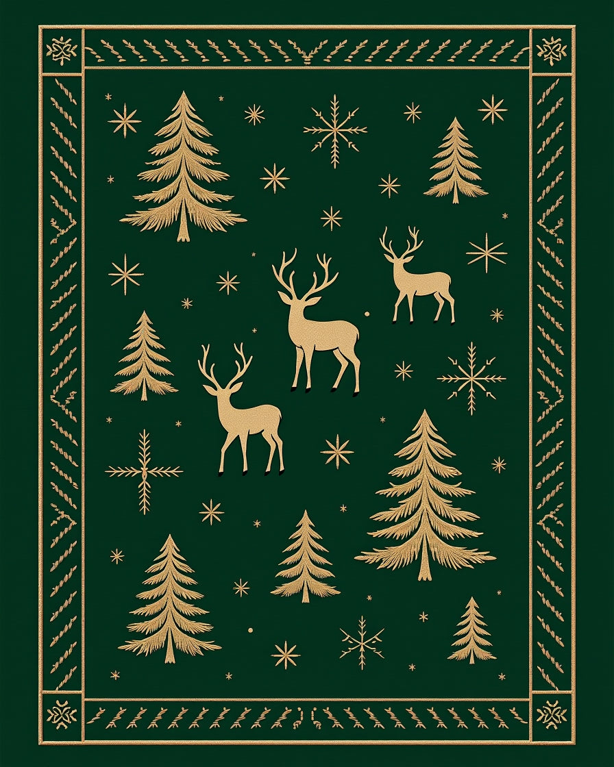 Golden Deer Evergreen Forest Snowflake Rug