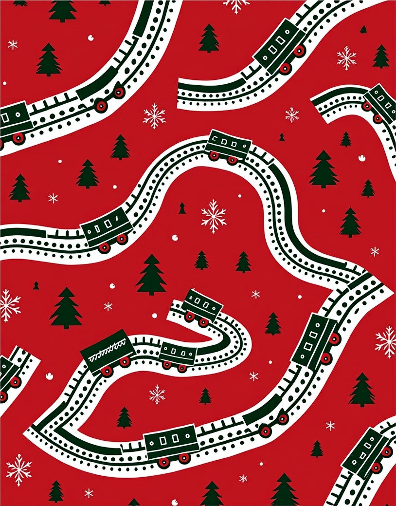 Christmas Train Snowflake Evergreen Trees Rug