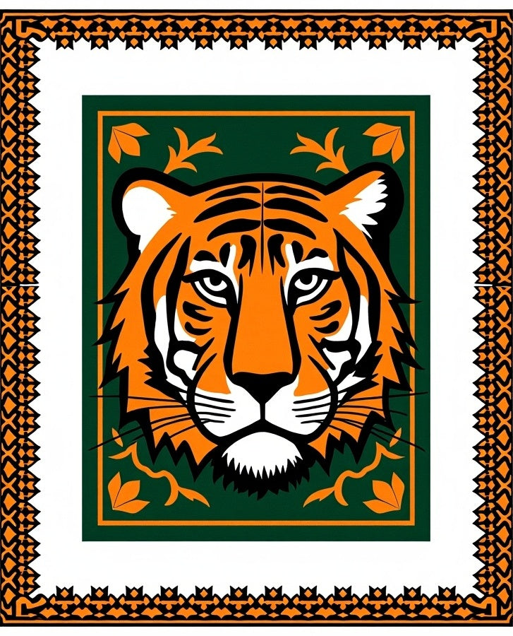 Bold Orange Tiger Emerald Green Border Rug