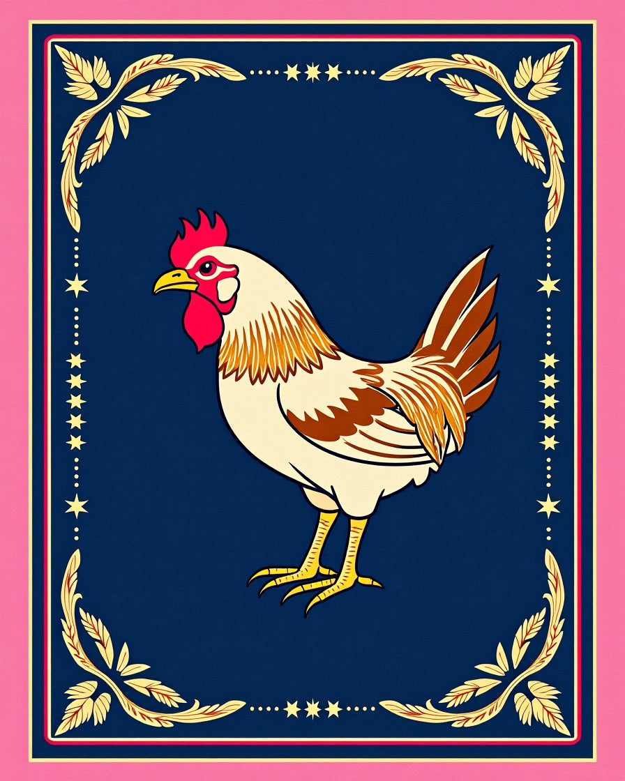 Vintage Rooster Gold Floral Frame Rug