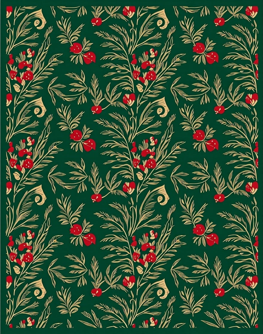 Deep Emerald Red Berry Floral Branches Rug