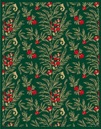 Deep Emerald Red Berry Floral Branches Rug