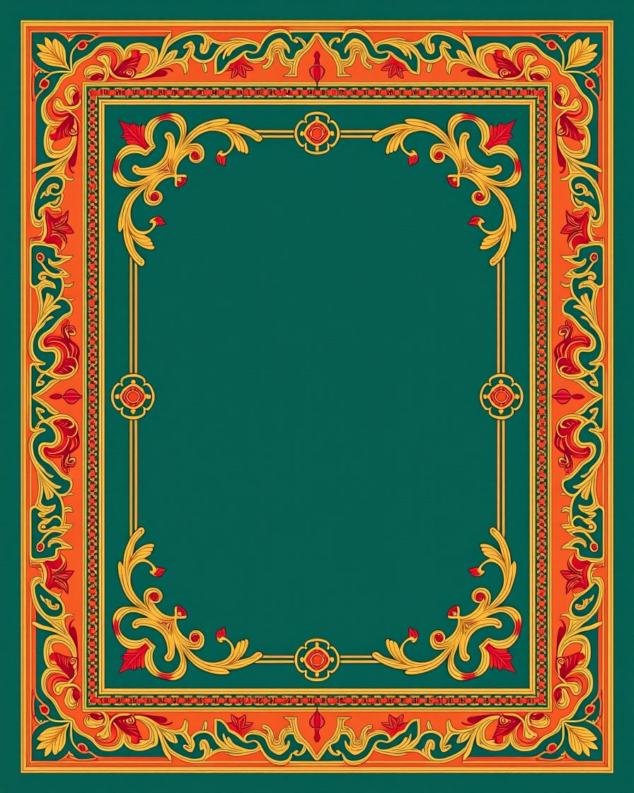 Emerald Green Gold Red Floral Border Rug