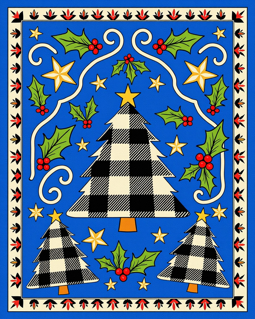 Blue Buffalo Check Christmas Trees Holly Stars Rug
