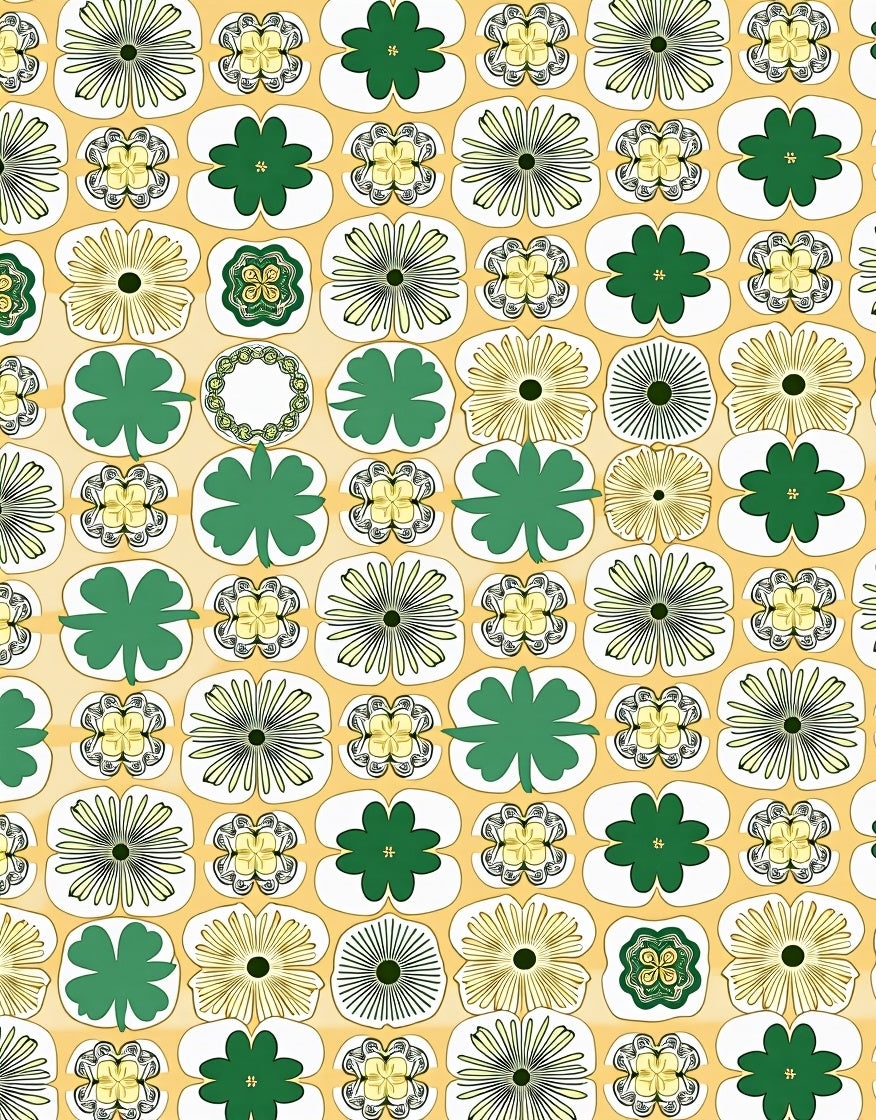 Retro Green Clover Floral Grid Rug