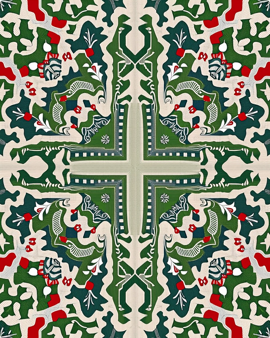 Green Red Festive Floral Medallion Rug