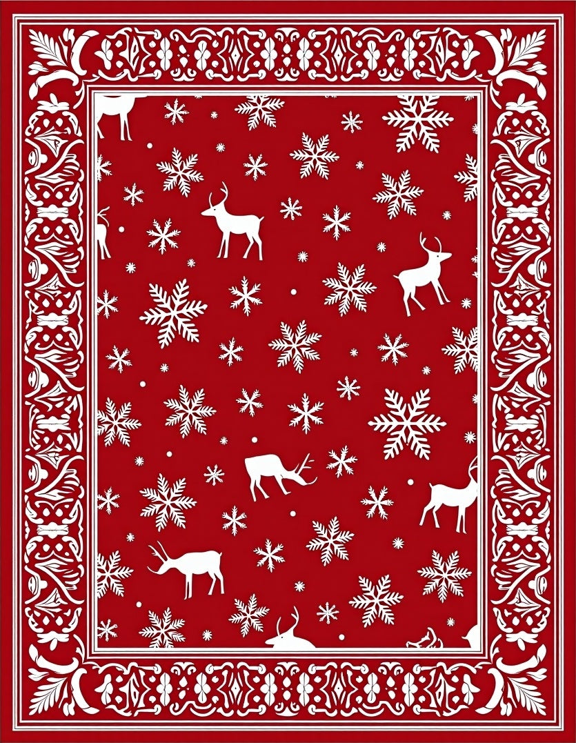 Red White Deer Snowflake Holiday Border Rug