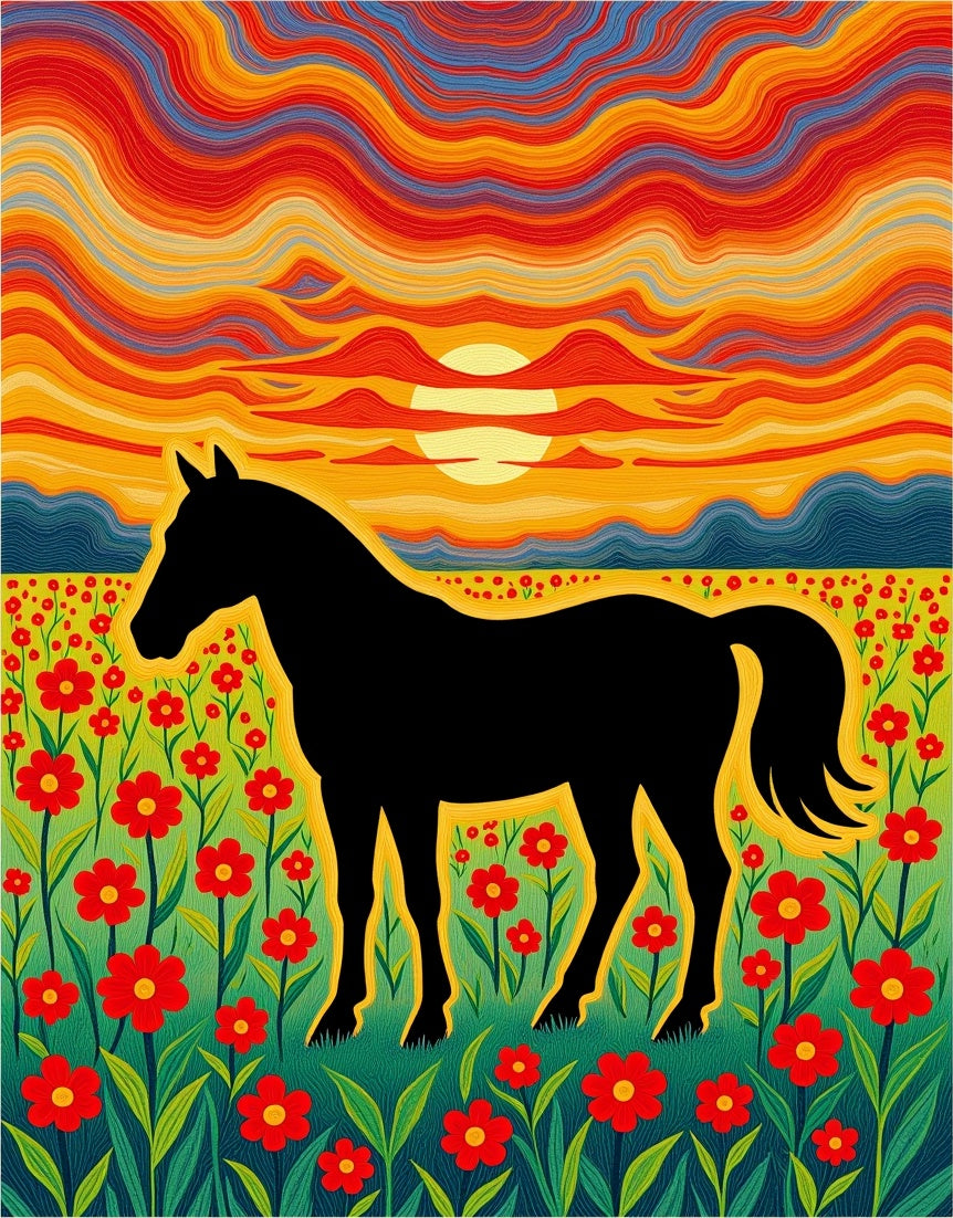 Black Horse Field Red Flowers Sunset Rug