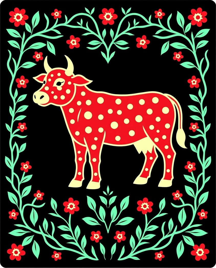 Red Polka Dot Cow Floral Border Rug