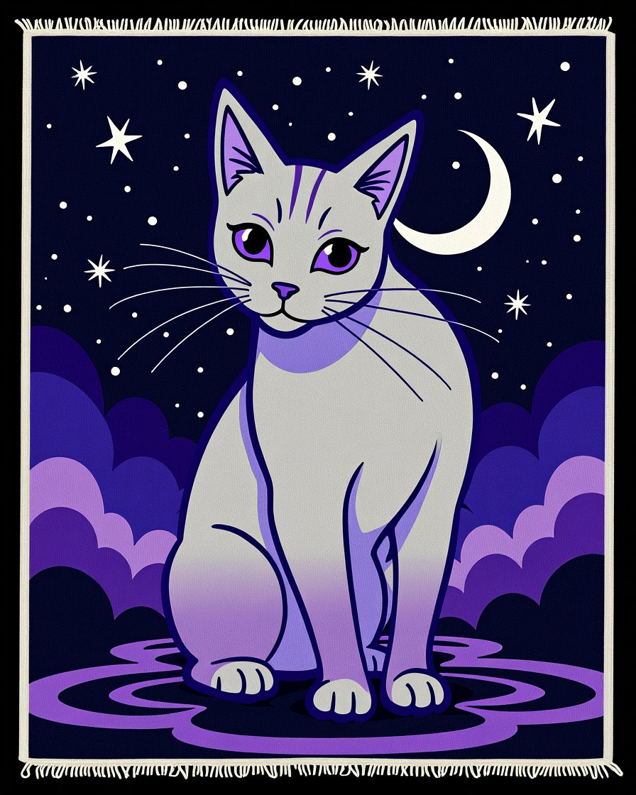 Mystical Gray Cat Starry Night Rug