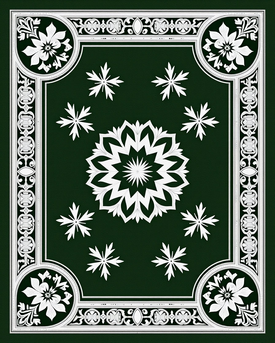 Dark Green White Starburst Floral Medallion Rug