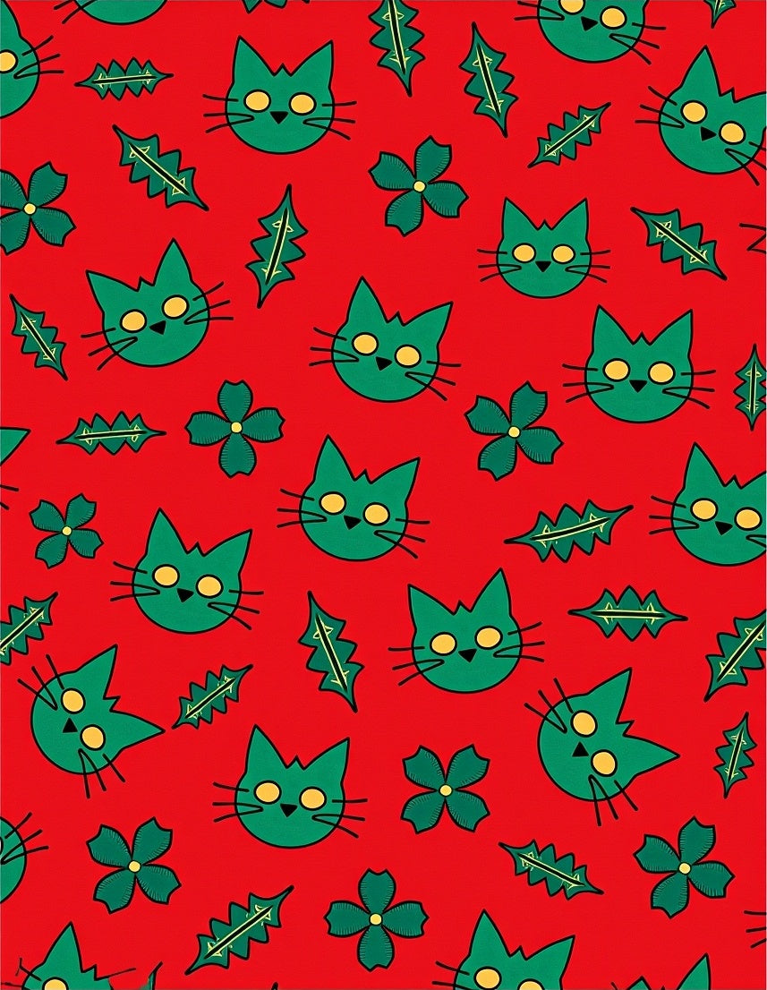 Green Cat Faces Holly Leaves Red Background Rug