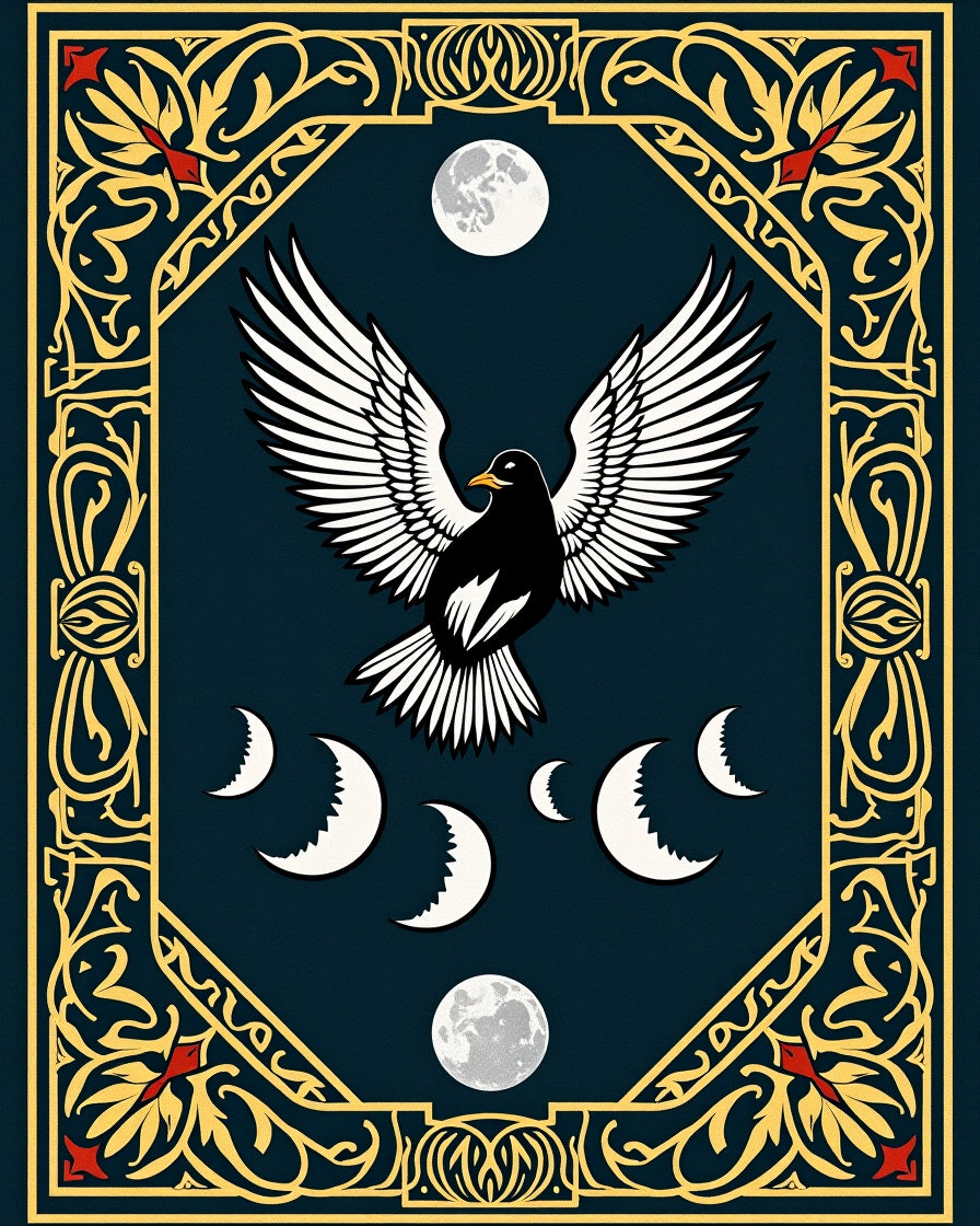 Art Nouveau Bird Moon Phases Border Rug